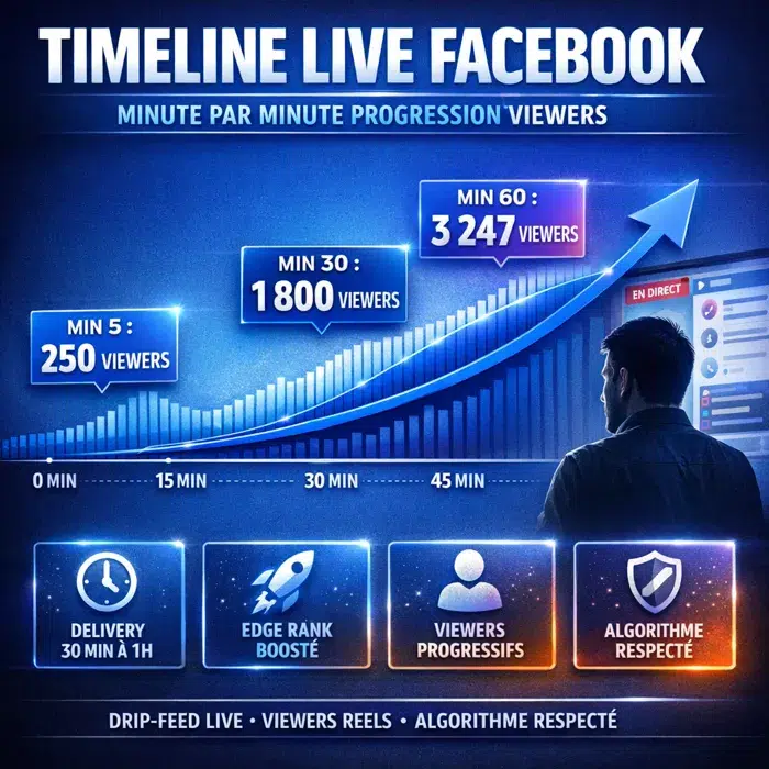 Achat vues Live Facebook timeline progressive Timeline Facebook Live minute par minute progression viewers