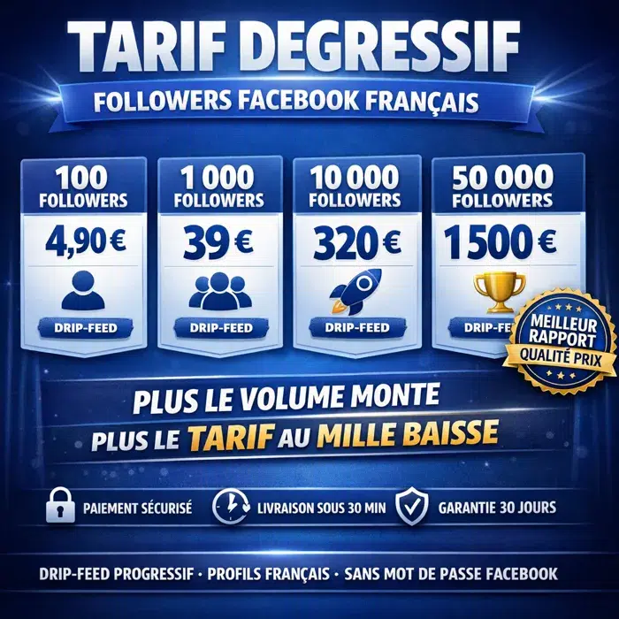 Pack followers Facebook meilleur rapport qualité-prix Tarif dégressif followers Facebook français pas cher