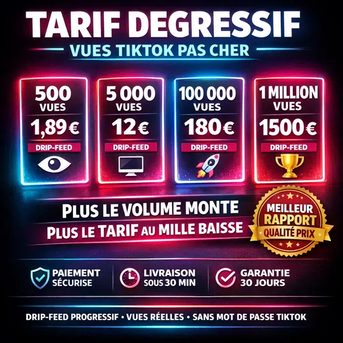 Pack vues TikTok meilleur rapport qualité-prix Tarif dégressif vues TikTok pas cher dès 1,89 euros