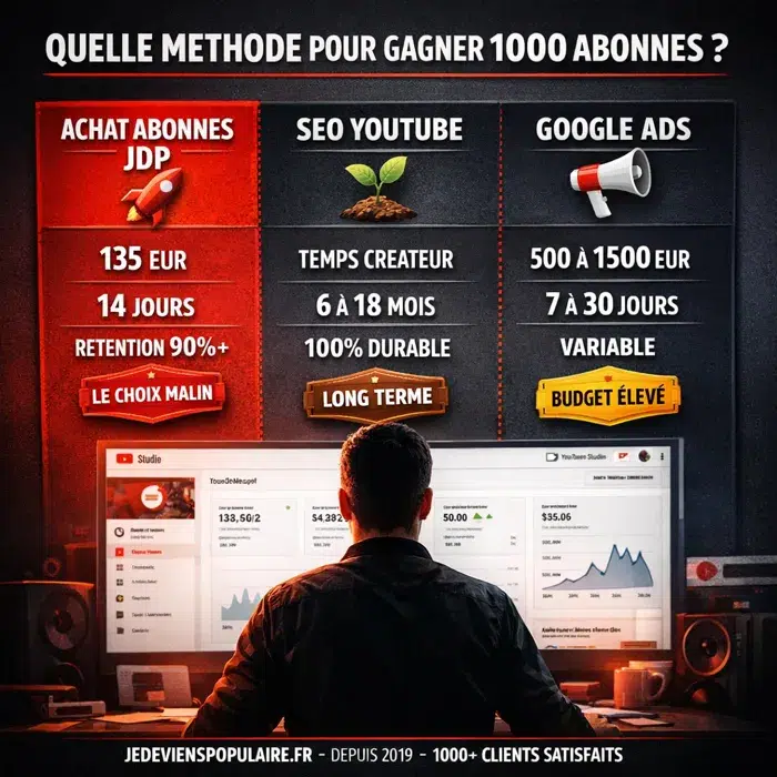 Comparatif coût et délai pour gagner 1 000 abonnés YouTube Comparatif acheter des abonnés YouTube vs SEO vs Google Ads