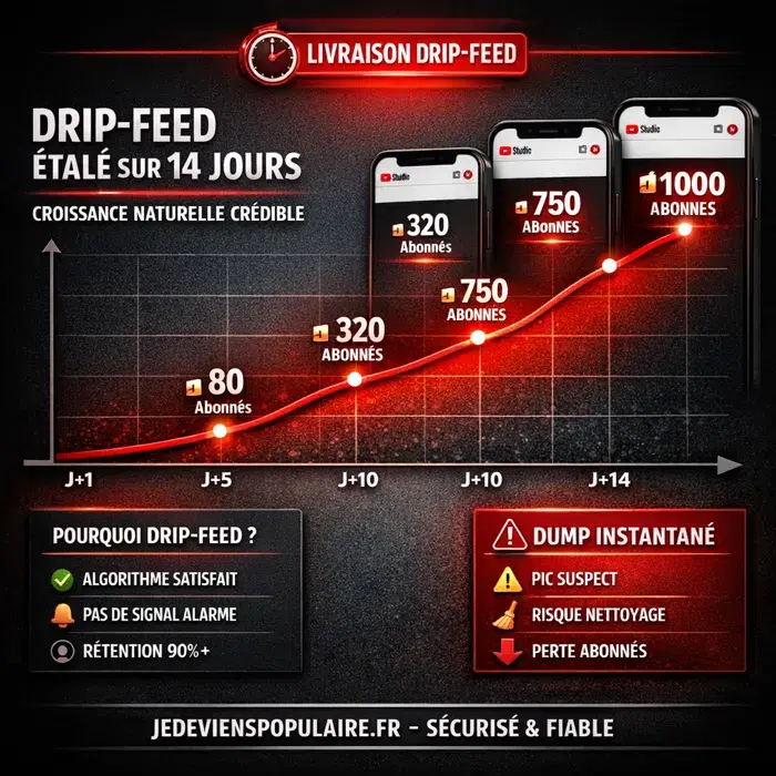 Livraison drip-feed étalée pour une croissance crédible Livraison drip-feed des abonnés YouTube sur 7 à 60 jours