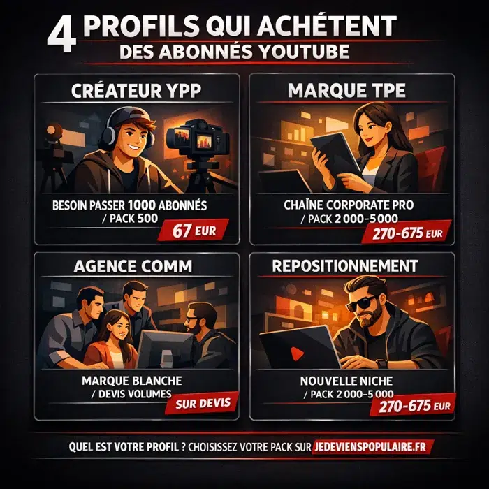 Quatre profils types d'acheteurs d'abonnés YouTube Profils de créateurs qui achètent des abonnés YouTube aujourd'hui