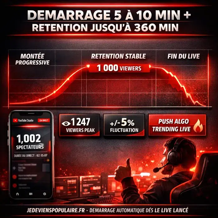Démarrage 5 à 10 minutes, rétention pendant 60 à 360 minutes Mécanique de la livraison viewers YouTube Live pendant la durée du stream en minutes
