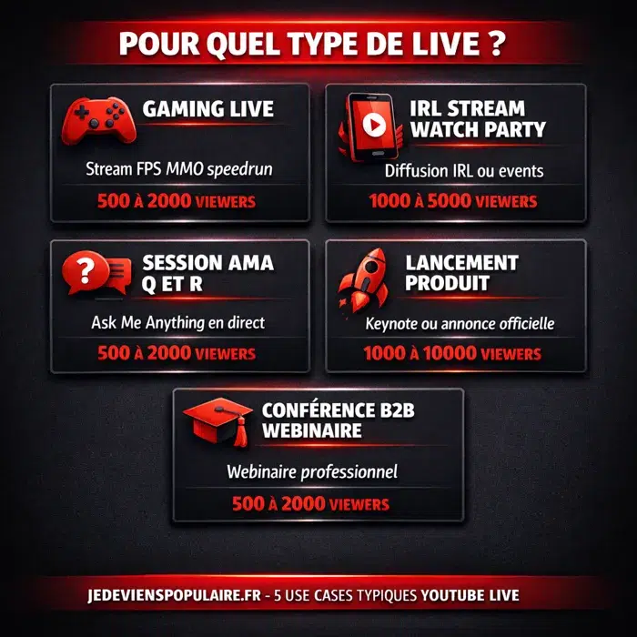 Cinq use cases typiques pour acheter des viewers YouTube Live Cinq use cases viewers YouTube Live gaming IRL AMA lancement conférence