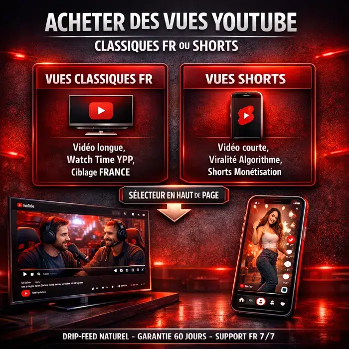 Sélecteur Classiques FR vs Shorts sur une seule fiche Acheter des vues YouTube classiques ou Shorts via sélecteur cards