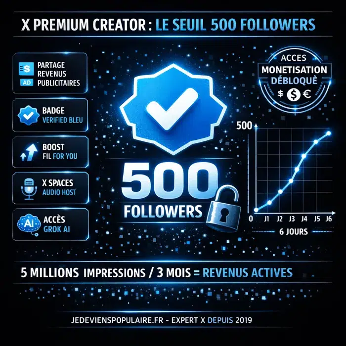 Débloquer X Premium creator seuil 500 followers badge Verified bleu X Premium creator seuil 500 followers monétisation badge Verified