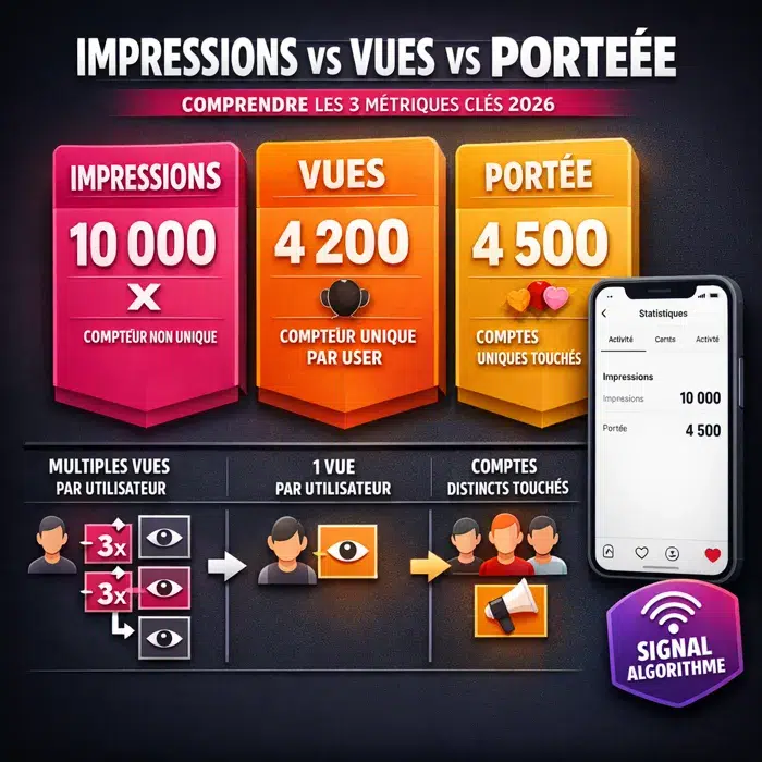 Acheter des Impressions Instagram 2 Différence impressions vues portée Instagram comprendre métriques algorithme