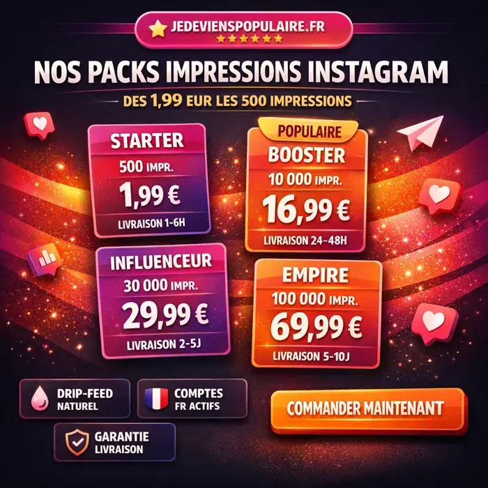 Acheter des Impressions Instagram 8 Packs impressions Instagram prix livraison progressive dès 1,99 euro 2026