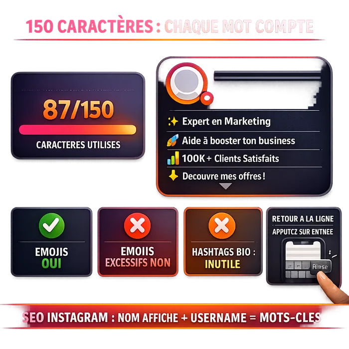 150 caractères bio Instagram : emojis, hashtags bio et SEO Instagram Bio Instagram 150 caractères : compteur, emojis et retour à la ligne sur mobile