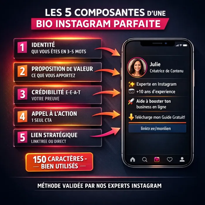 Méthode 5 composantes pour écrire une bio Instagram qui convertit Les 5 composantes d'une bio Instagram parfaite : identité, valeur, crédibilité, CTA, lien