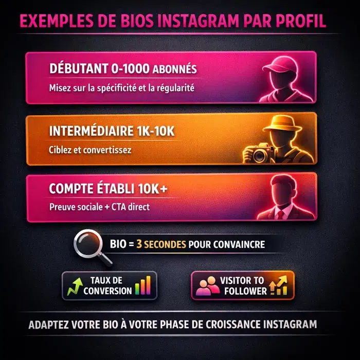 Exemples bios Instagram par phase de croissance : 0-1K, 1K-10K, 10K+ Exemples de bios Instagram par profil : débutant, intermédiaire, créateur de contenu, entrepreneur