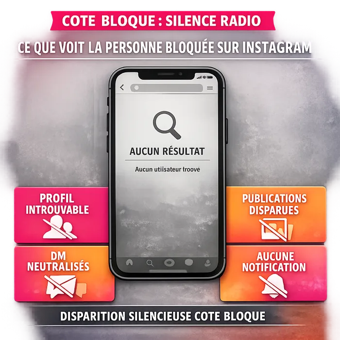 Silence radio côté personne bloquée Instagram Ce que voit la personne bloquée sur Instagram : profil introuvable, DM neutralisés