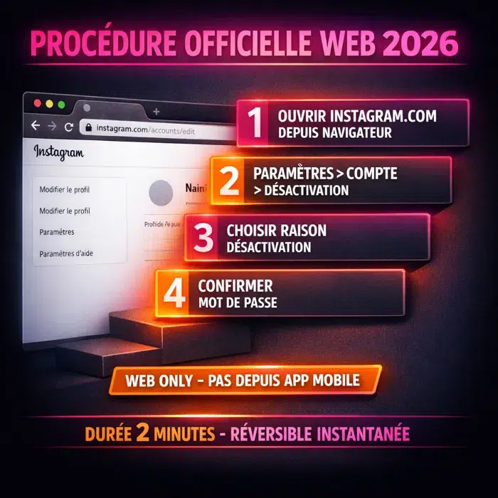 4 étapes officielles désactivation compte Instagram 2026 Procédure officielle Meta 2026 pour désactiver compte Instagram navigateur web