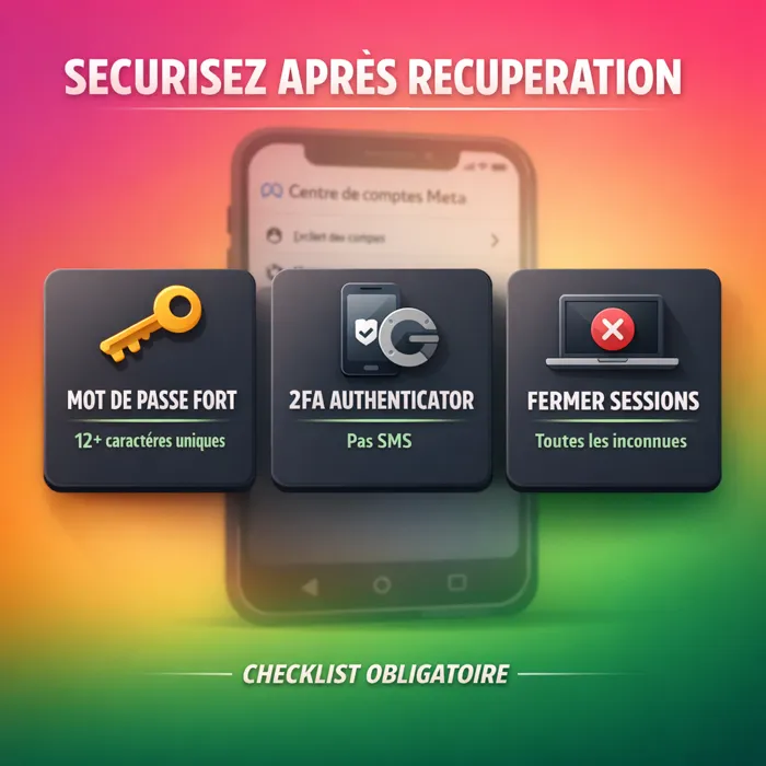 Checklist sécurisation Instagram post-récupération Sécuriser Instagram après piratage : 2FA authentificator + sessions actives + mot de passe fort