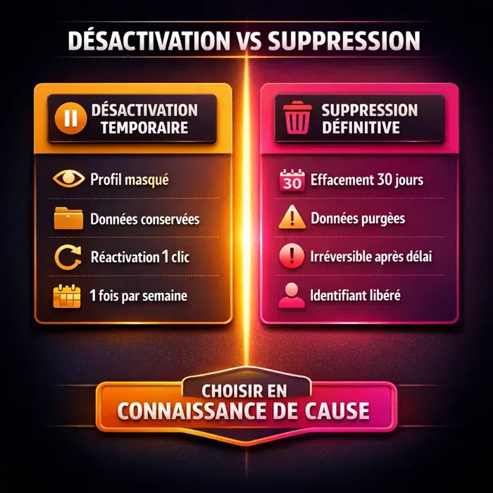 Comparatif désactivation vs suppression Instagram 2026 Différence désactivation temporaire vs suppression définitive compte Instagram