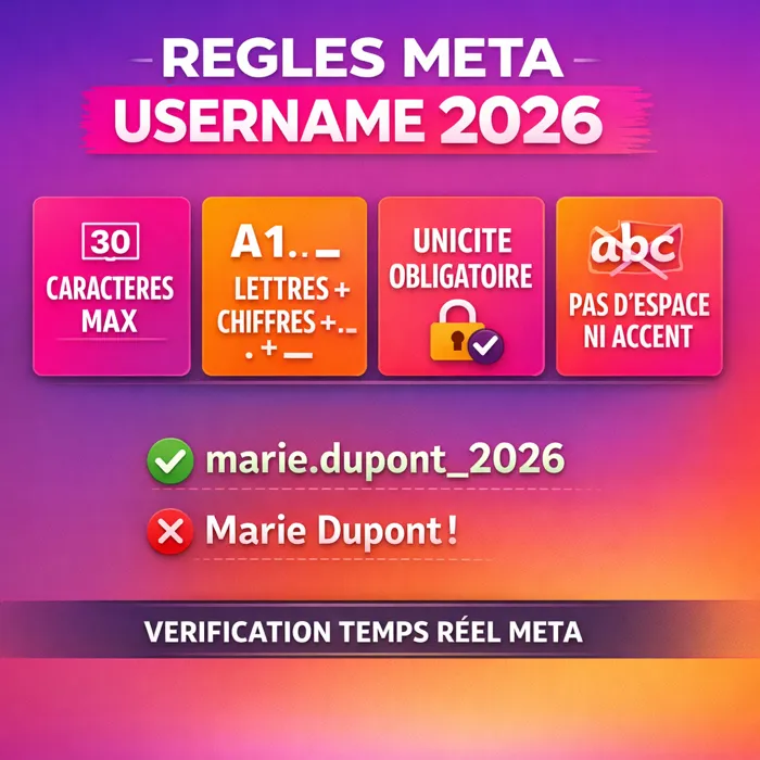 Règles Meta caractères et longueur username Instagram Règles Meta username Instagram 2026 : 30 caractères max, lettres chiffres points underscores
