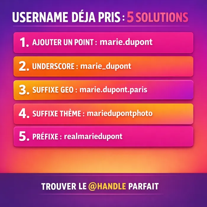 5 solutions créatives quand le username Instagram est déjà pris Username Instagram déjà pris : 5 workarounds points underscore suffixes préfixes