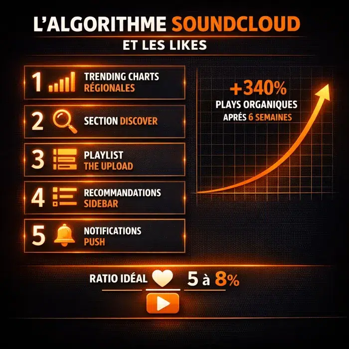 Acheter des likes SOUNDCLOUD 3 L'algorithme SoundCloud et les likes : Trending Charts, Discover, The Upload, Sidebar, Notifications expliqués