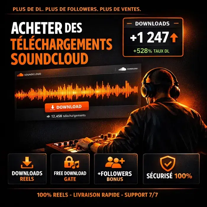Acheter des téléchargements SoundCloud : poster premium avec interface DL SoundCloud, beatmaker, compteur DL public et 4 cards garanties