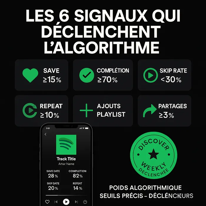Les 6 signaux pondérés analysés par l'algorithme Spotify 6 signaux algorithme Spotify save rate completion skip rate