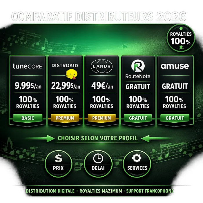 Comparatif distributeurs Spotify 2026 Comparatif distributeurs musique Spotify TuneCore DistroKid LANDR 2026