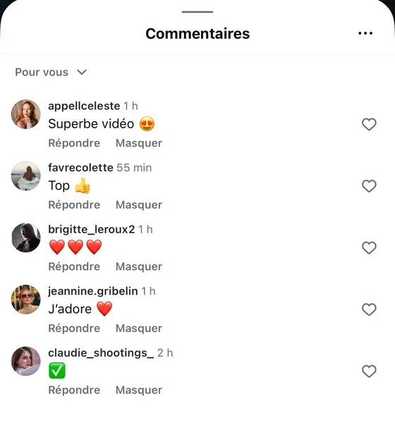 Nos résultats, captures à l’appui 9 Cinq commentaires Instagram français livrés sur un Reel, comptes visibles