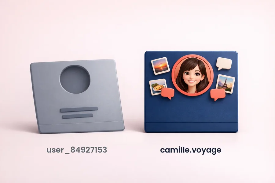 Abonnés Instagram gratuit, sans mot de passe ni contrepartie 2 Comparaison de deux profils d'abonnés Instagram : à gauche un compte vide sans photo ni contenu, à droite un compte français avec photo de profil, publications et conversations