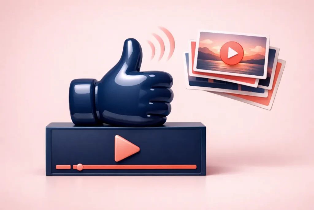 Pouce bleu en 3D posé sur un lecteur vidéo, des ondes vers des miniatures : à quoi servent les likes sur YouTube