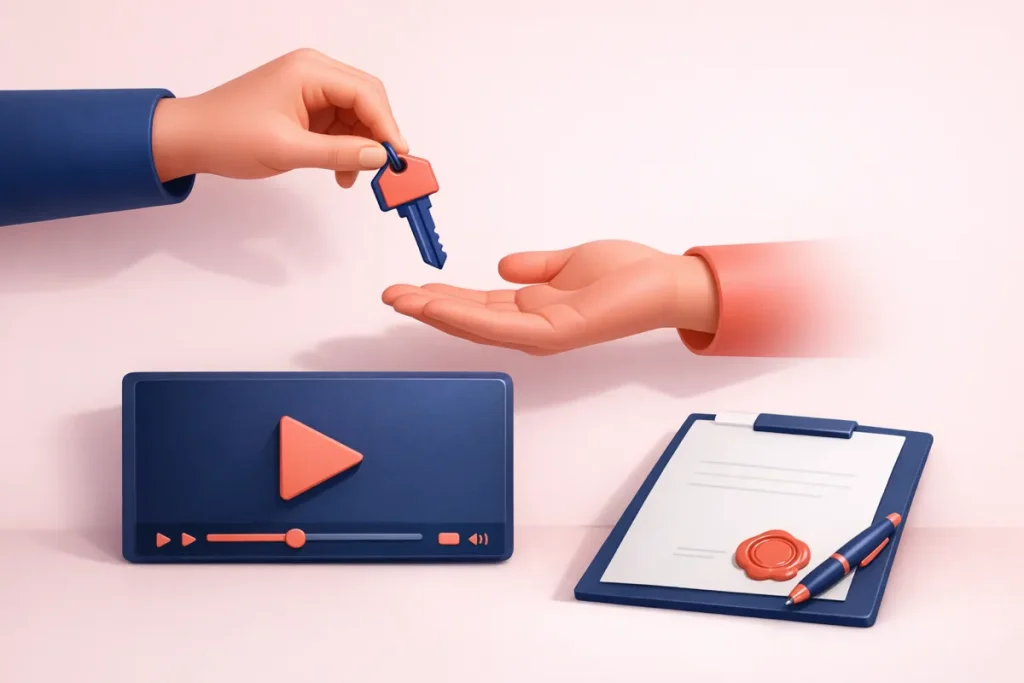 Acheter une chaîne YouTube monétisée : une clé passe d’une main à l’autre au-dessus d’un écran vidéo
