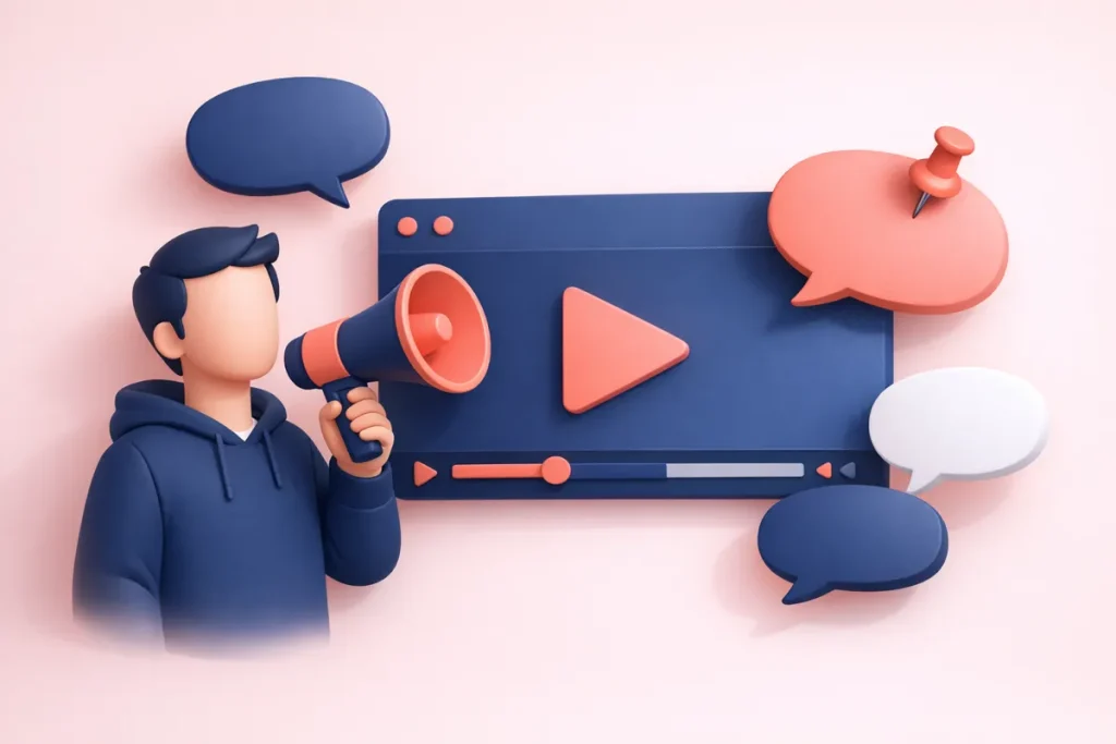 Avoir plus de commentaires sur YouTube : un créateur au mégaphone, des bulles qui s’envolent et une punaise qui en épingle une