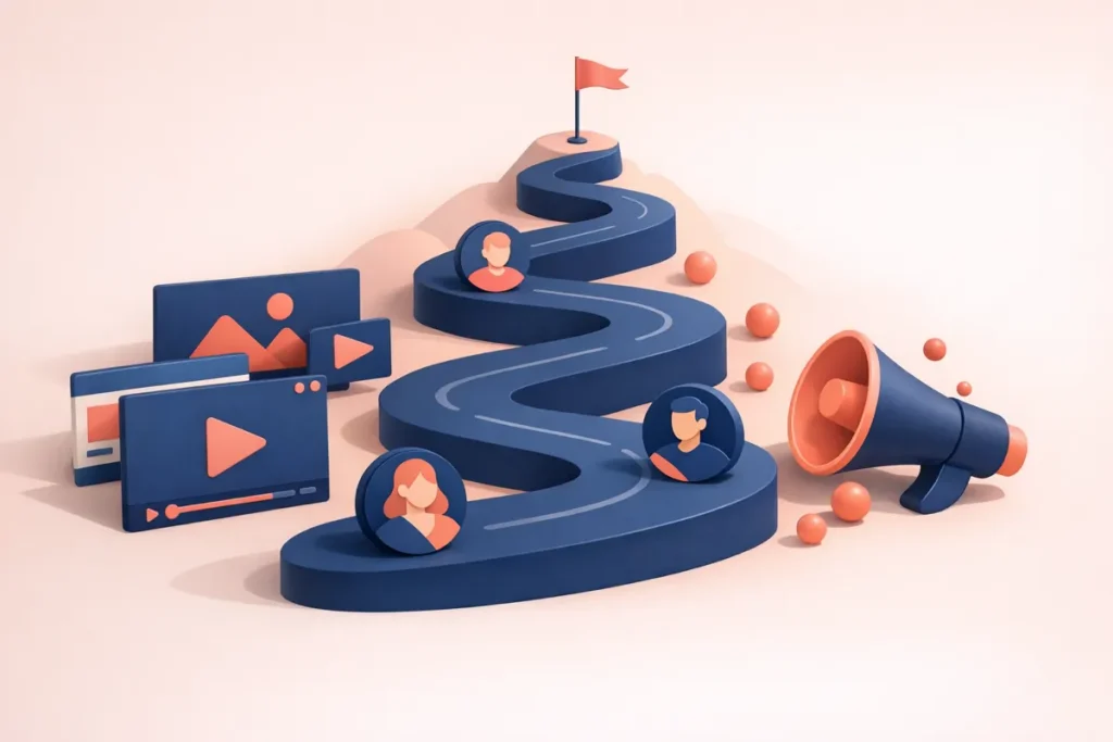 Avoir 1000 abonnés YouTube : un chemin qui monte vers un drapeau, bordé de vidéos et de personnes qui le rejoignent