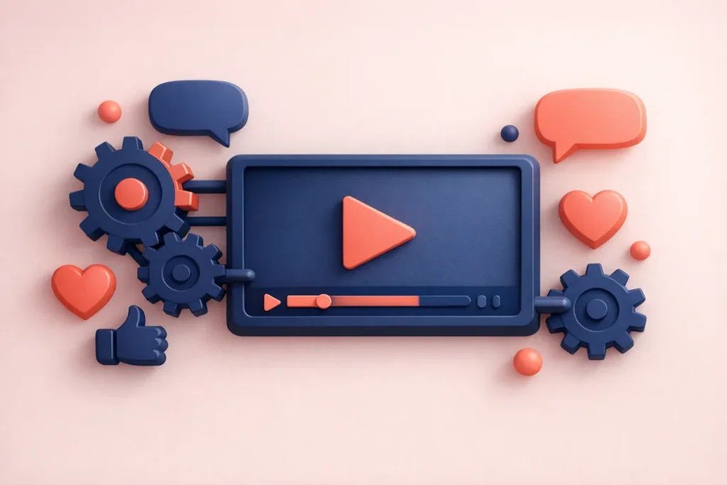 Commentaires et algorithme YouTube : des engrenages reliés à un écran vidéo, entourés de bulles de conversation