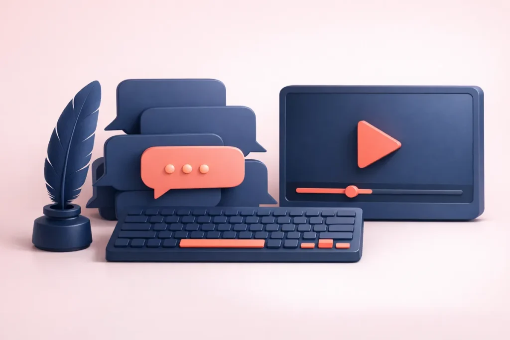 Commentaires YouTube personnalisés : une plume et un clavier devant des bulles de conversation en cours d’écriture