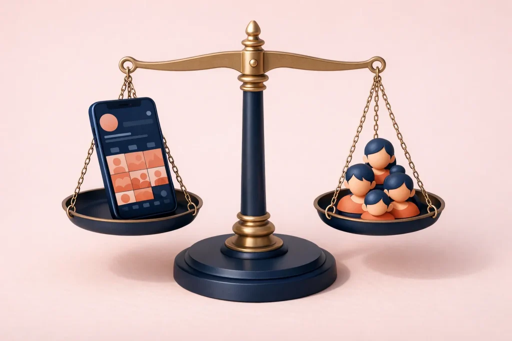 Balance de justice en laiton, un smartphone sur un plateau et des abonnés sur l’autre : la légalité de l’achat d’abonnés Instagram