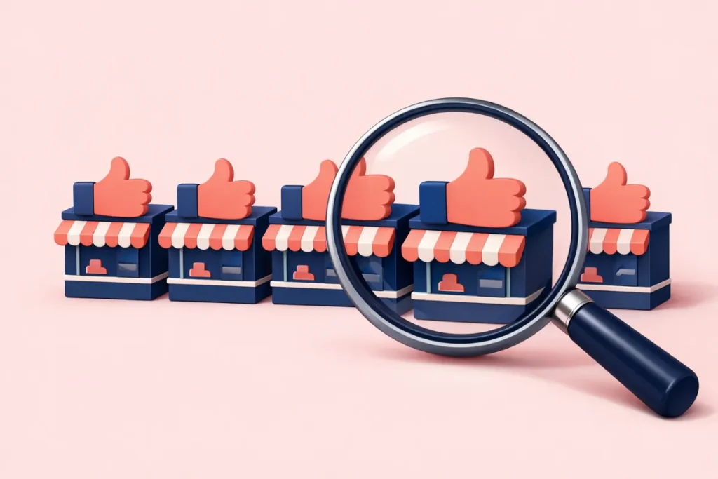 Une loupe passe sur une rangée de petites boutiques marquées d’un pouce bleu : le meilleur site pour acheter des likes YouTube