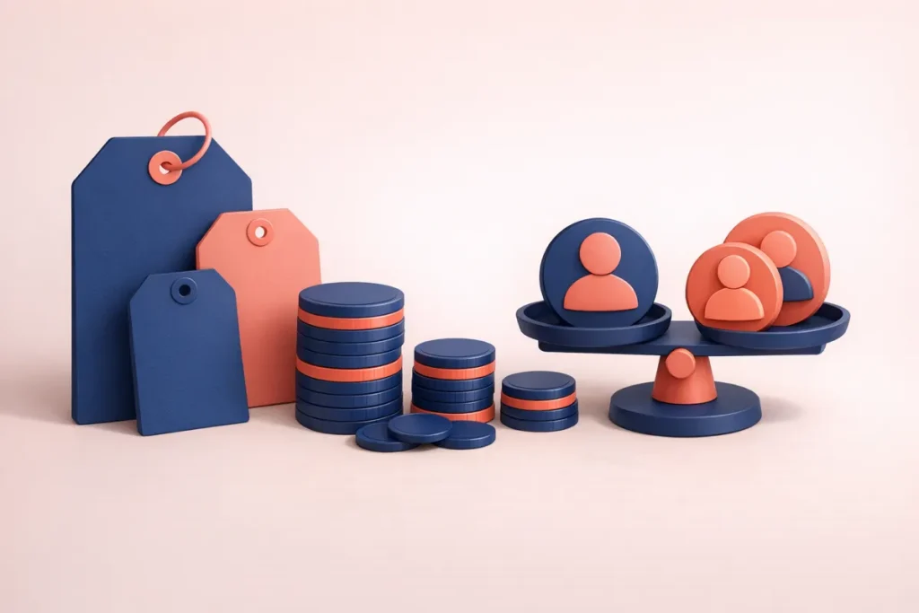 Prix des abonnés YouTube : des étiquettes de prix et des piles de pièces à côté de personnes stylisées sur une balance