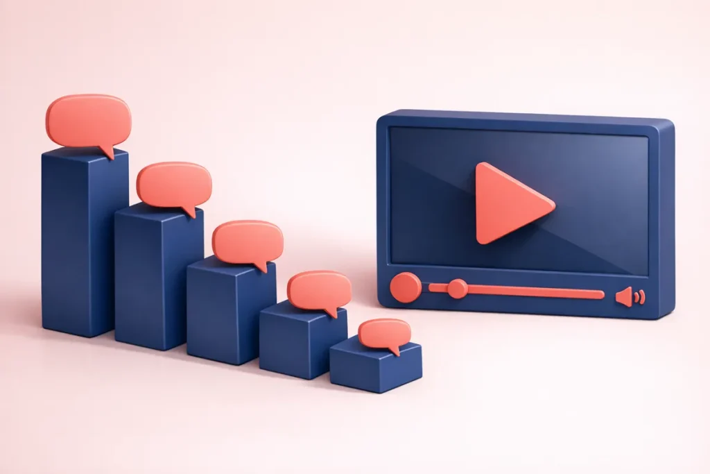 Ratio commentaires vues YouTube : des barres décroissantes portant des bulles de conversation