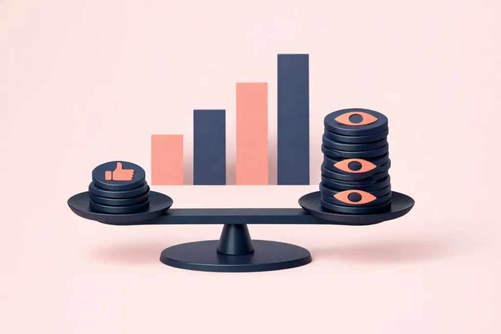 Balance en équilibre entre des jetons pouce bleu et des jetons de vues : le ratio likes vues YouTube