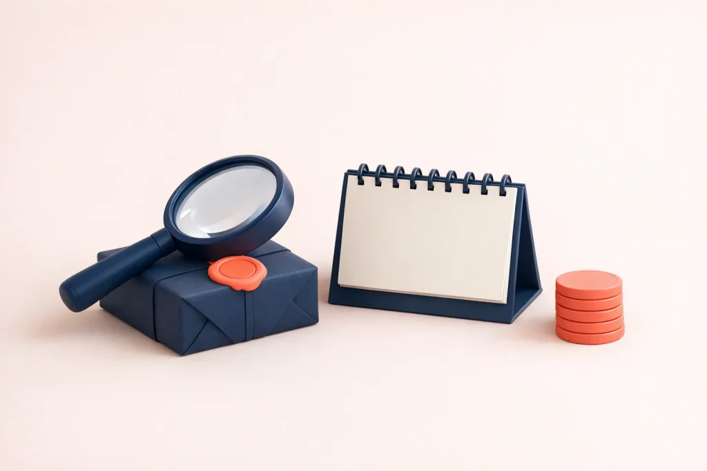 Loupe posée sur un colis cacheté et calendrier : vérifier un site qui vend des abonnés Instagram avant et après la commande